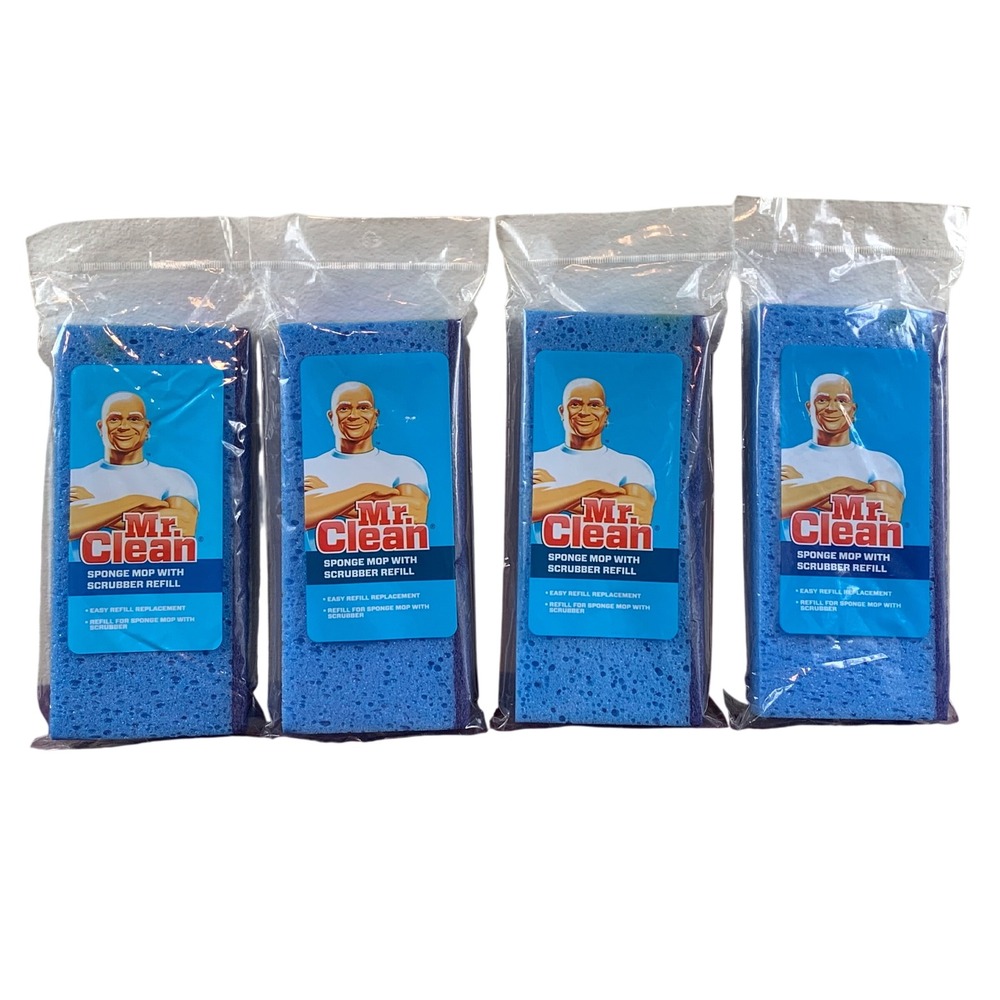 Mr. Clean Sponge Mop with Scrubber Refill Blue 4 Pack Lot 26501 NEW